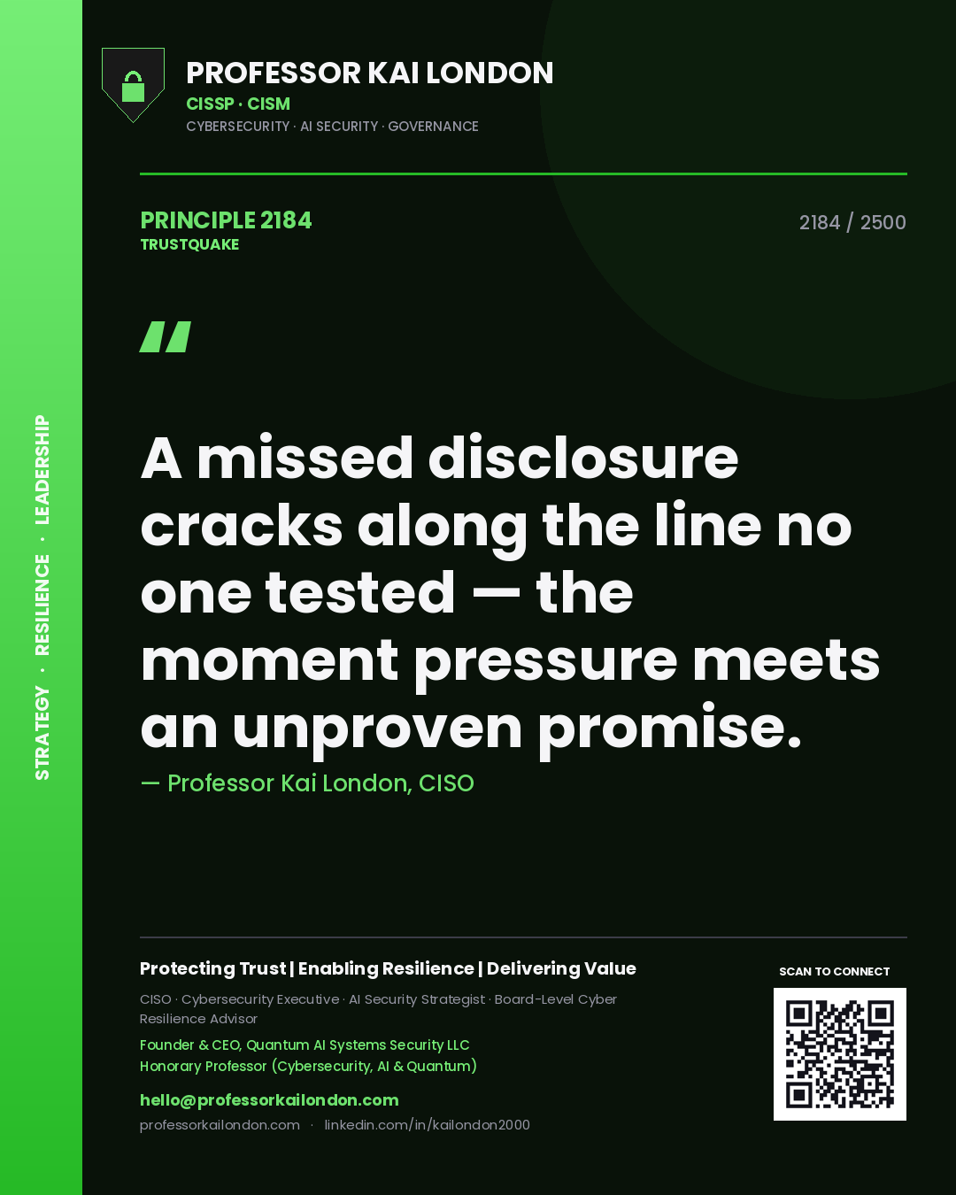Quote card by Professor Kai London reading 'A missed disclosure cracks along the line no one tested — the moment pressure meets an unproven promise.'. From the book Trustquake.
