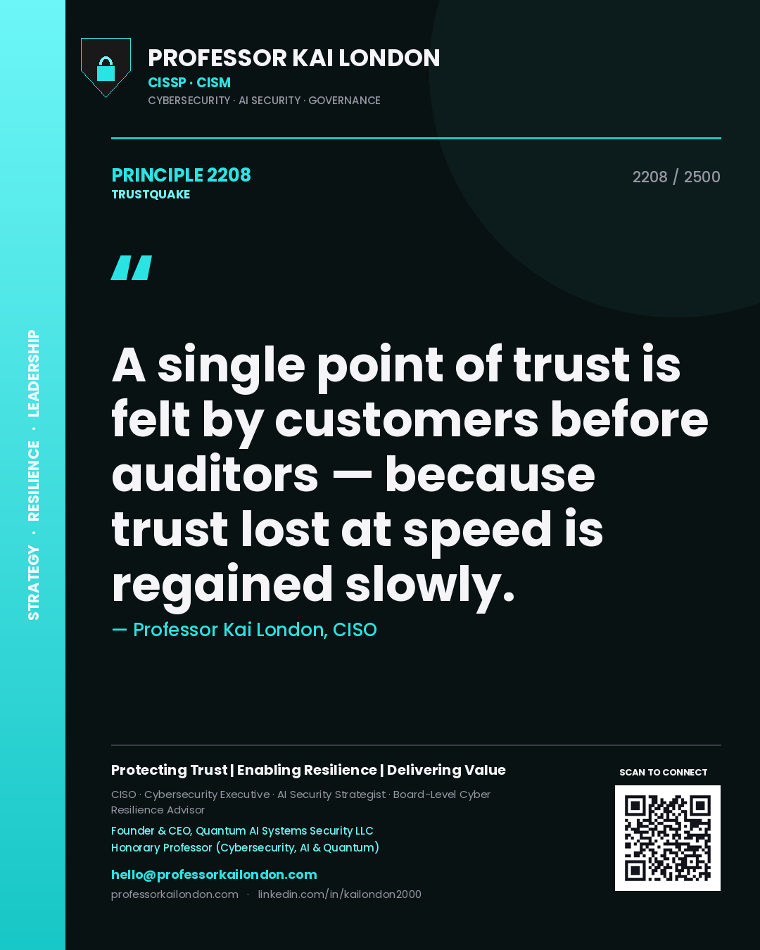 Quote card by Professor Kai London reading 'A single point of trust is felt by customers before auditors — because trust lost at speed is regained slowly.'. From the book Trustquake.