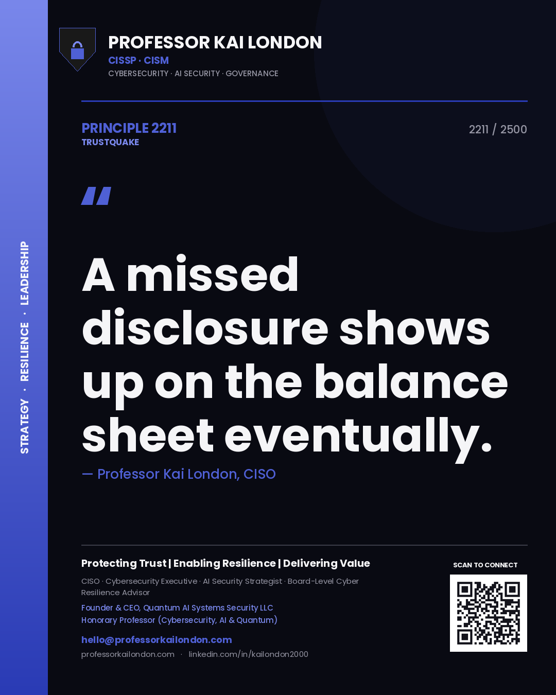 Quote card by Professor Kai London reading 'A missed disclosure shows up on the balance sheet eventually.'. From the book Trustquake.