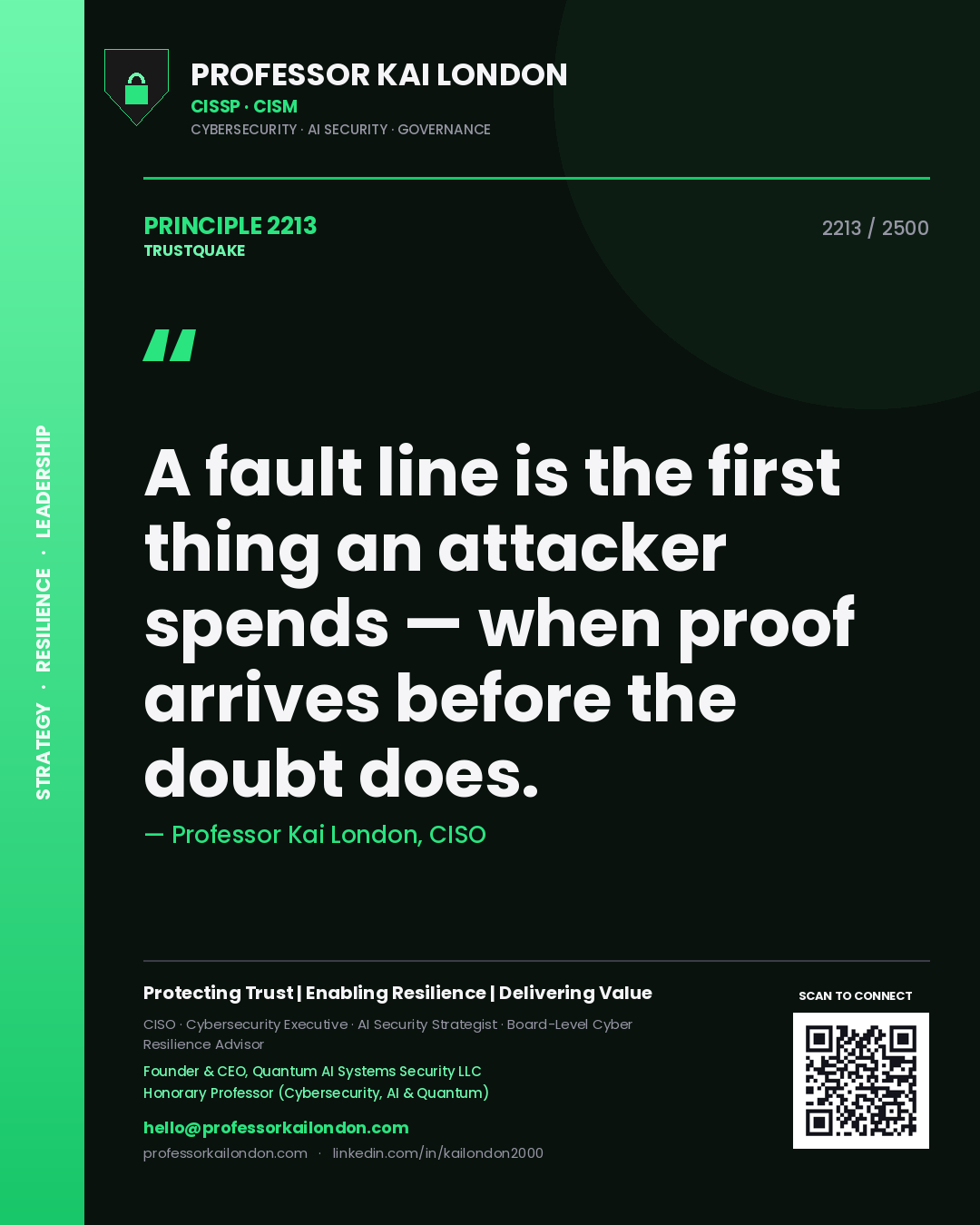 Professor Kai London principle 2213: A fault line is the first thing an attacker spends — when proof arrives before the doubt does.