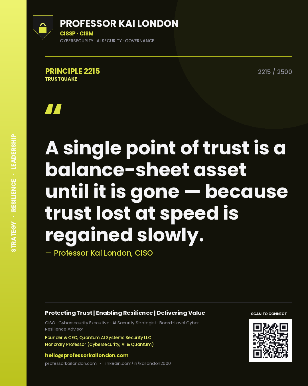 Professor Kai London principle 2215: A single point of trust is a balance-sheet asset until it is gone — because trust lost at speed is regained slowly.