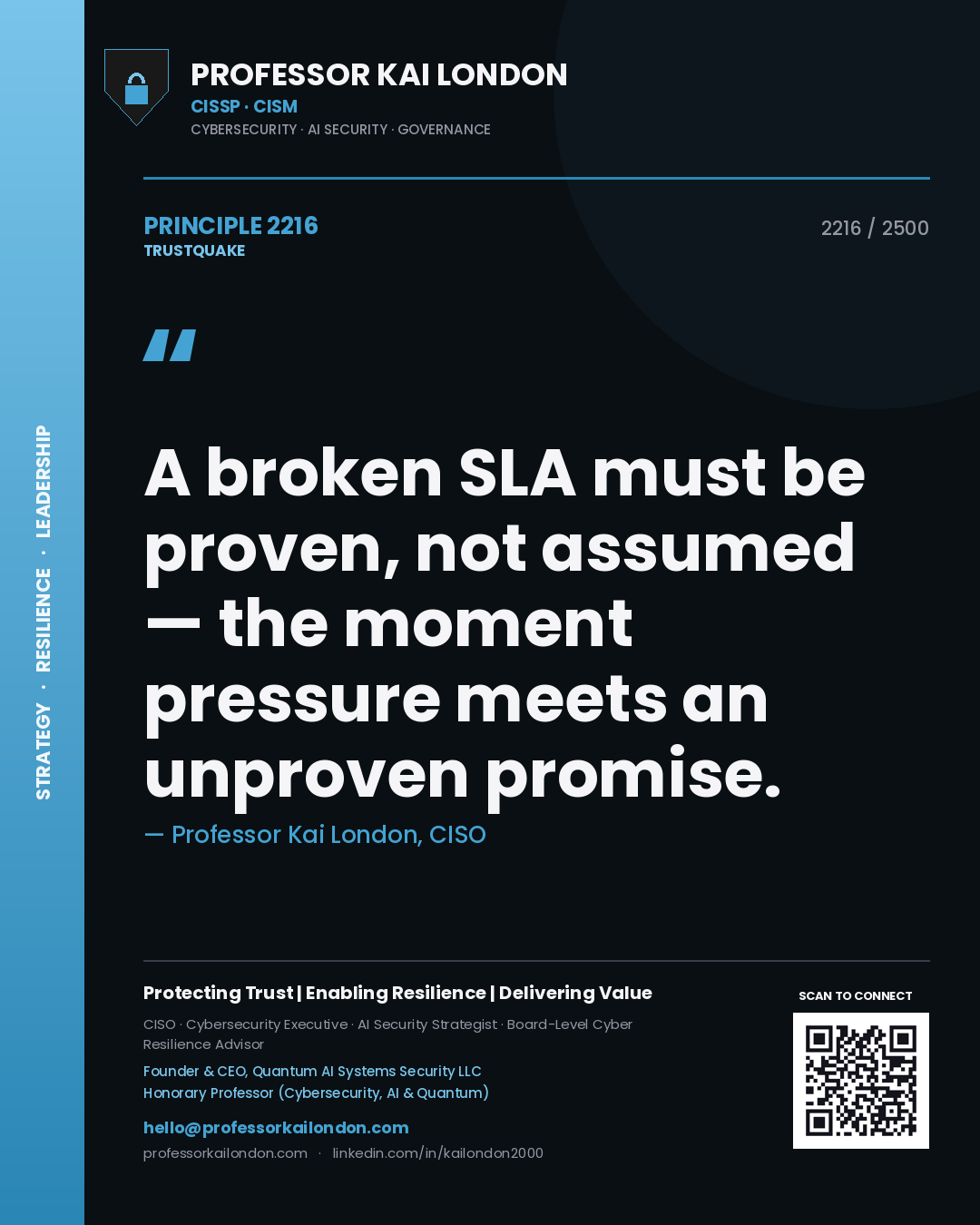 Quote card by Professor Kai London reading 'A broken SLA must be proven, not assumed — the moment pressure meets an unproven promise.'. From the book Trustquake.