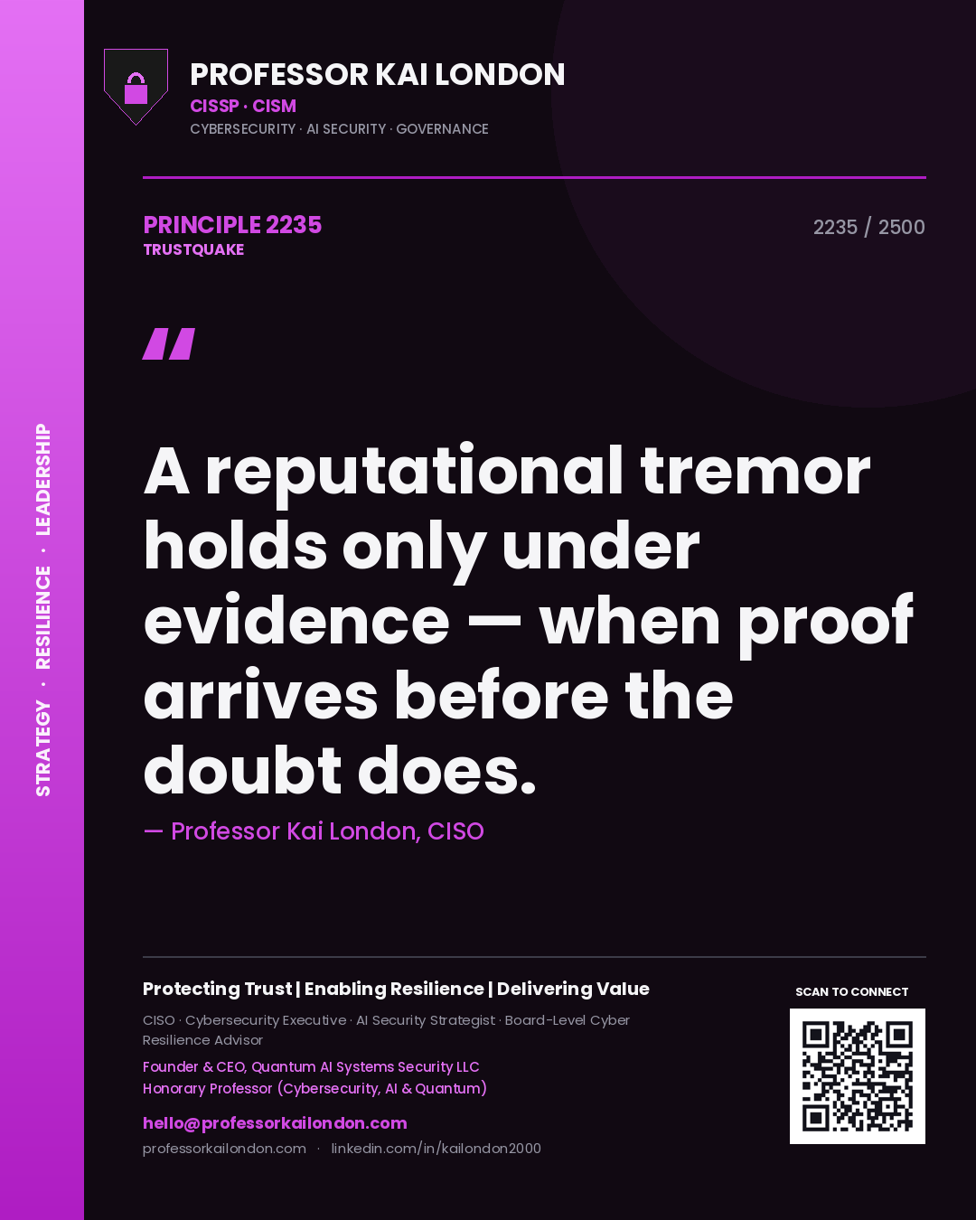 Quote card by Professor Kai London reading 'A reputational tremor holds only under evidence — when proof arrives before the doubt does.'. From the book Trustquake.