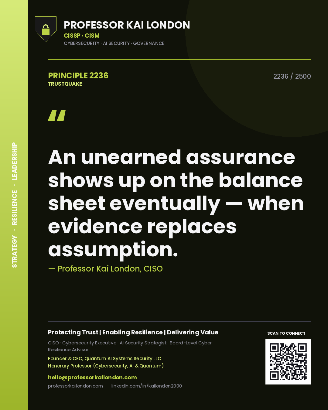 Quote card by Professor Kai London reading 'An unearned assurance shows up on the balance sheet eventually — when evidence replaces assumption.'. From the book Trustquake.