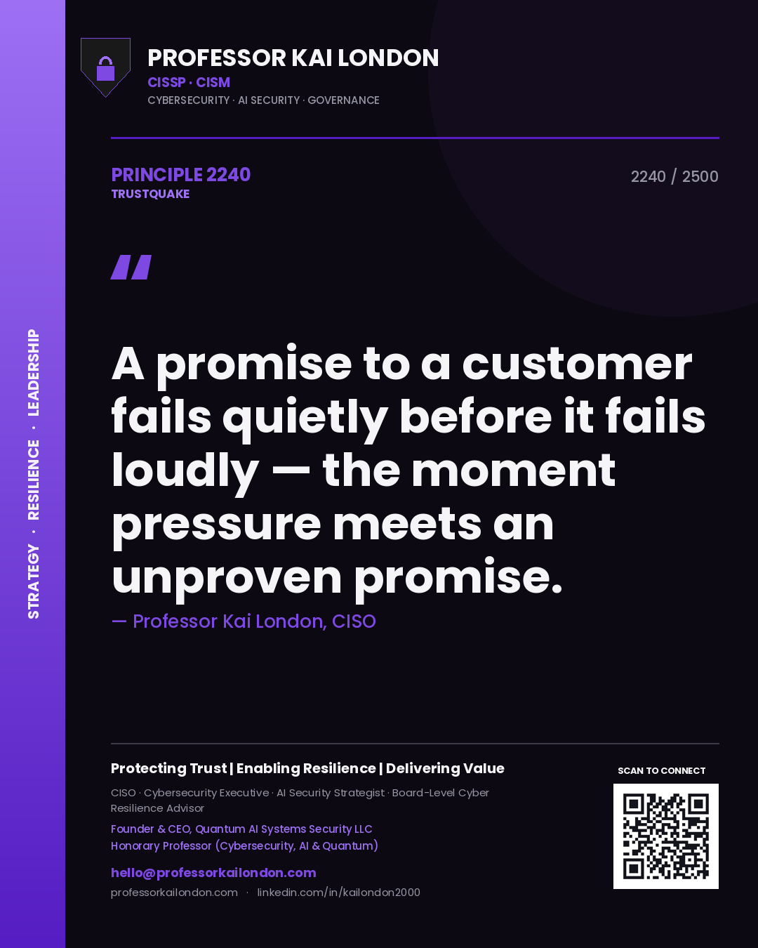 Professor Kai London principle 2240: A promise to a customer fails quietly before it fails loudly — the moment pressure meets an unproven promise.