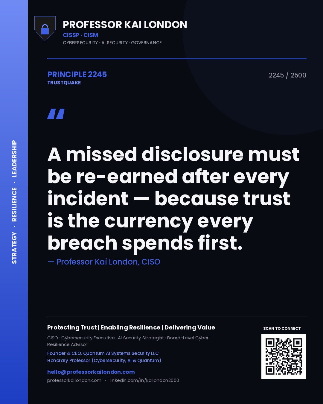 Professor Kai London principle 2245: A missed disclosure must be re-earned after every incident — because trust is the currency every breach spends first.