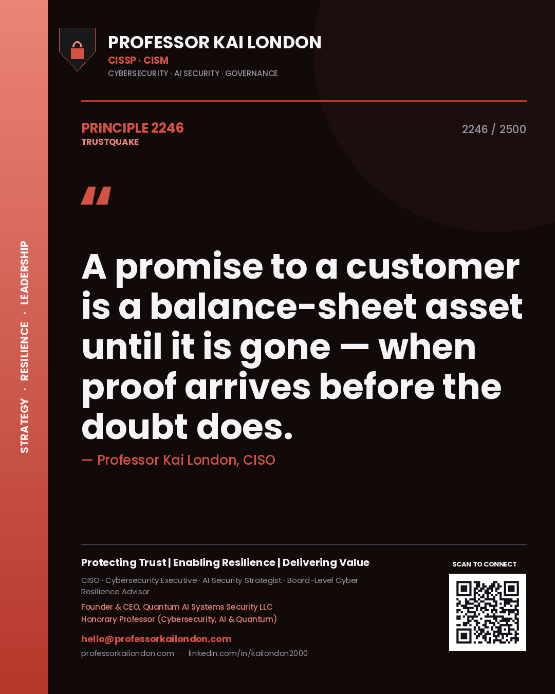 Quote card by Professor Kai London reading 'A promise to a customer is a balance-sheet asset until it is gone — when proof arrives before the doubt does.'. From the book Trustquake.
