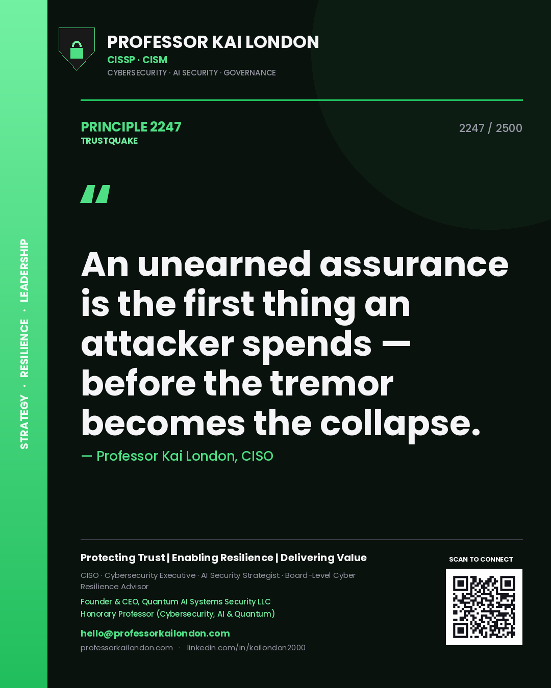 Quote card by Professor Kai London reading 'An unearned assurance is the first thing an attacker spends — before the tremor becomes the collapse.'. From the book Trustquake.