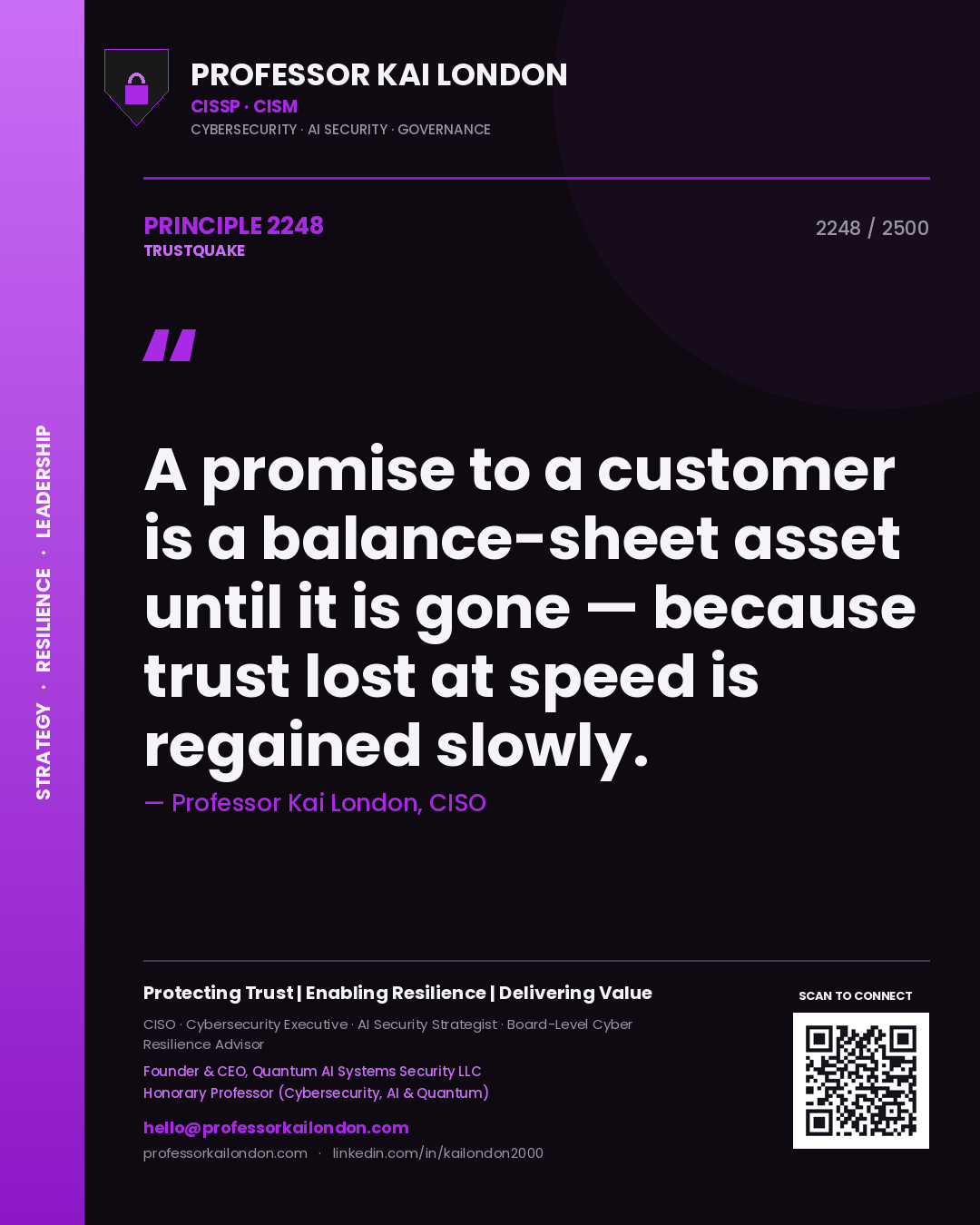 Quote card by Professor Kai London reading 'A promise to a customer is a balance-sheet asset until it is gone — because trust lost at speed is regained slowly.'. From the book Trustquake.