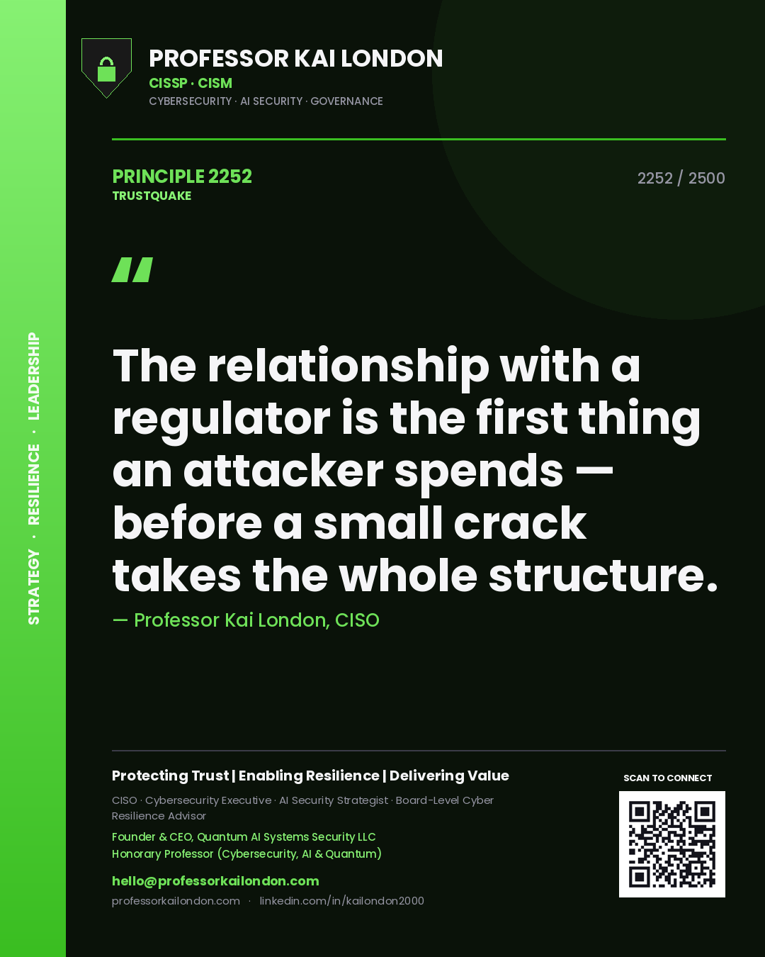 Quote card by Professor Kai London reading 'The relationship with a regulator is the first thing an attacker spends — before a small crack takes the whole structure.'. From the book Trustquake.