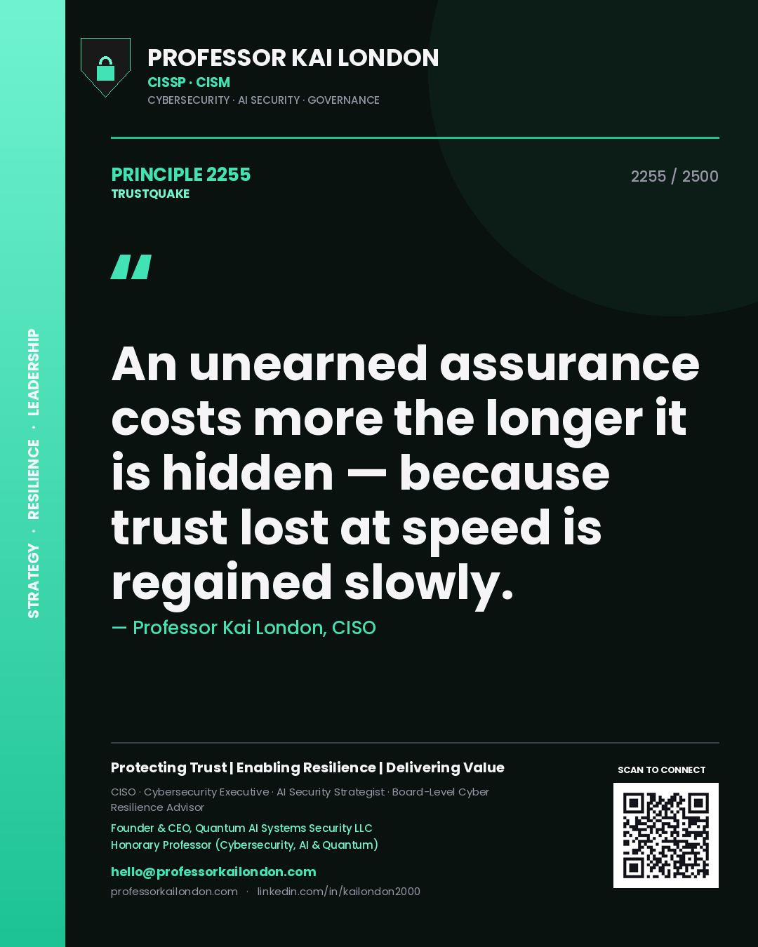 Quote card by Professor Kai London reading 'An unearned assurance costs more the longer it is hidden — because trust lost at speed is regained slowly.'. From the book Trustquake.