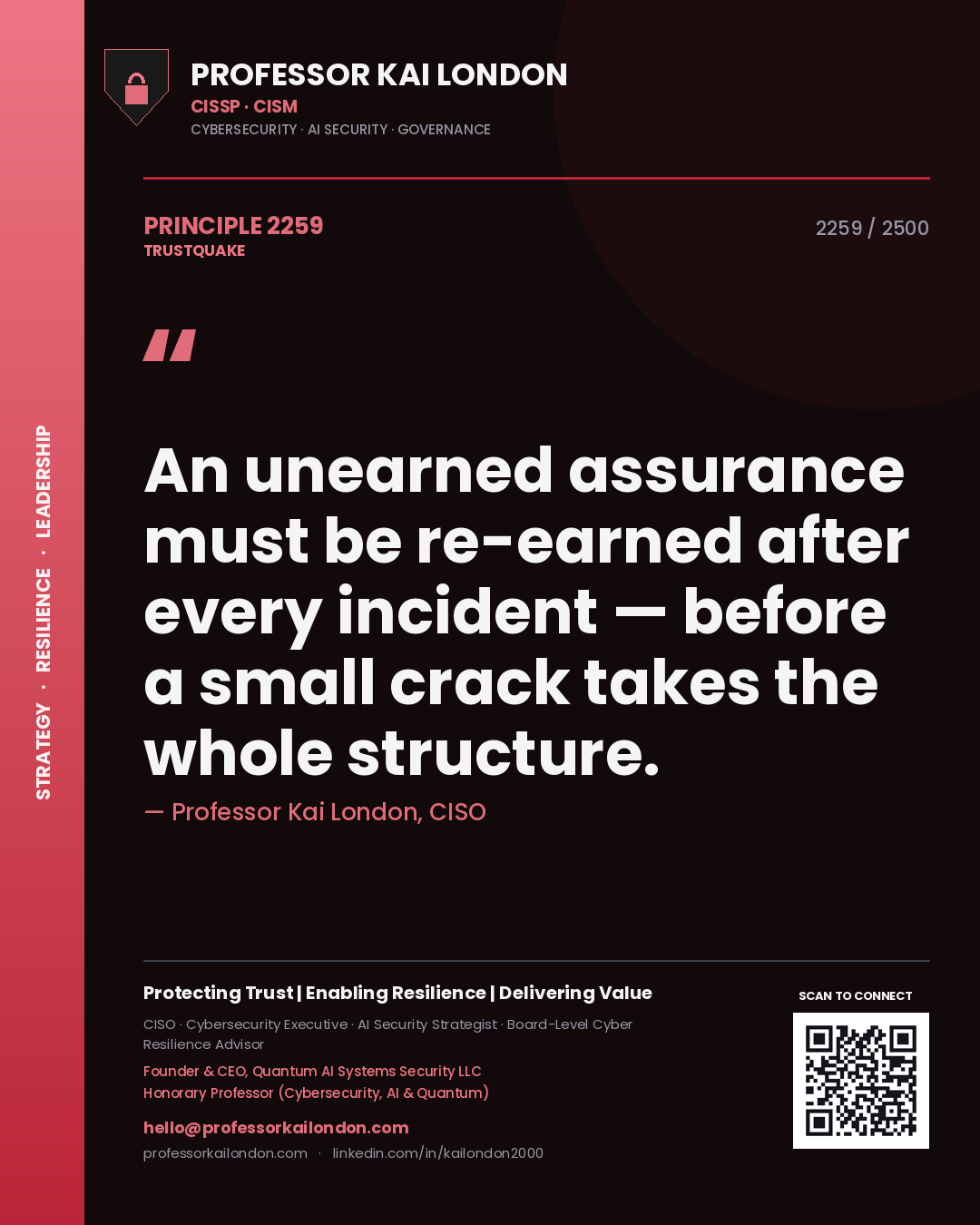 Quote card by Professor Kai London reading 'An unearned assurance must be re-earned after every incident — before a small crack takes the whole structure.'. From the book Trustquake.