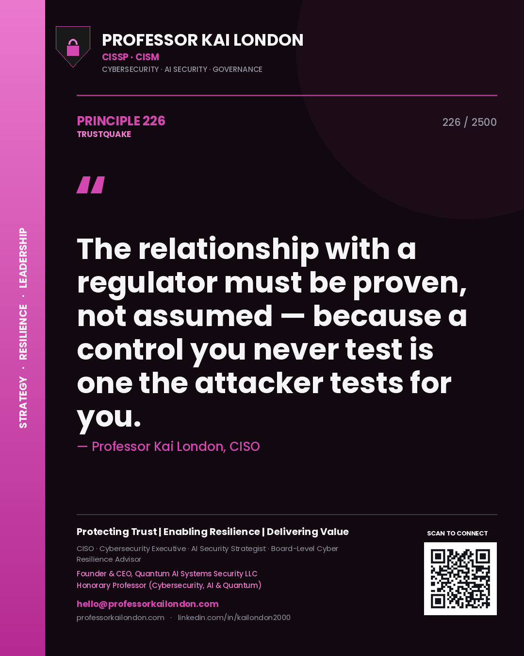 Quote card by Professor Kai London reading 'The relationship with a regulator must be proven, not assumed — because a control you never test is one the attacker tests for you.'. From the book Trustquake.