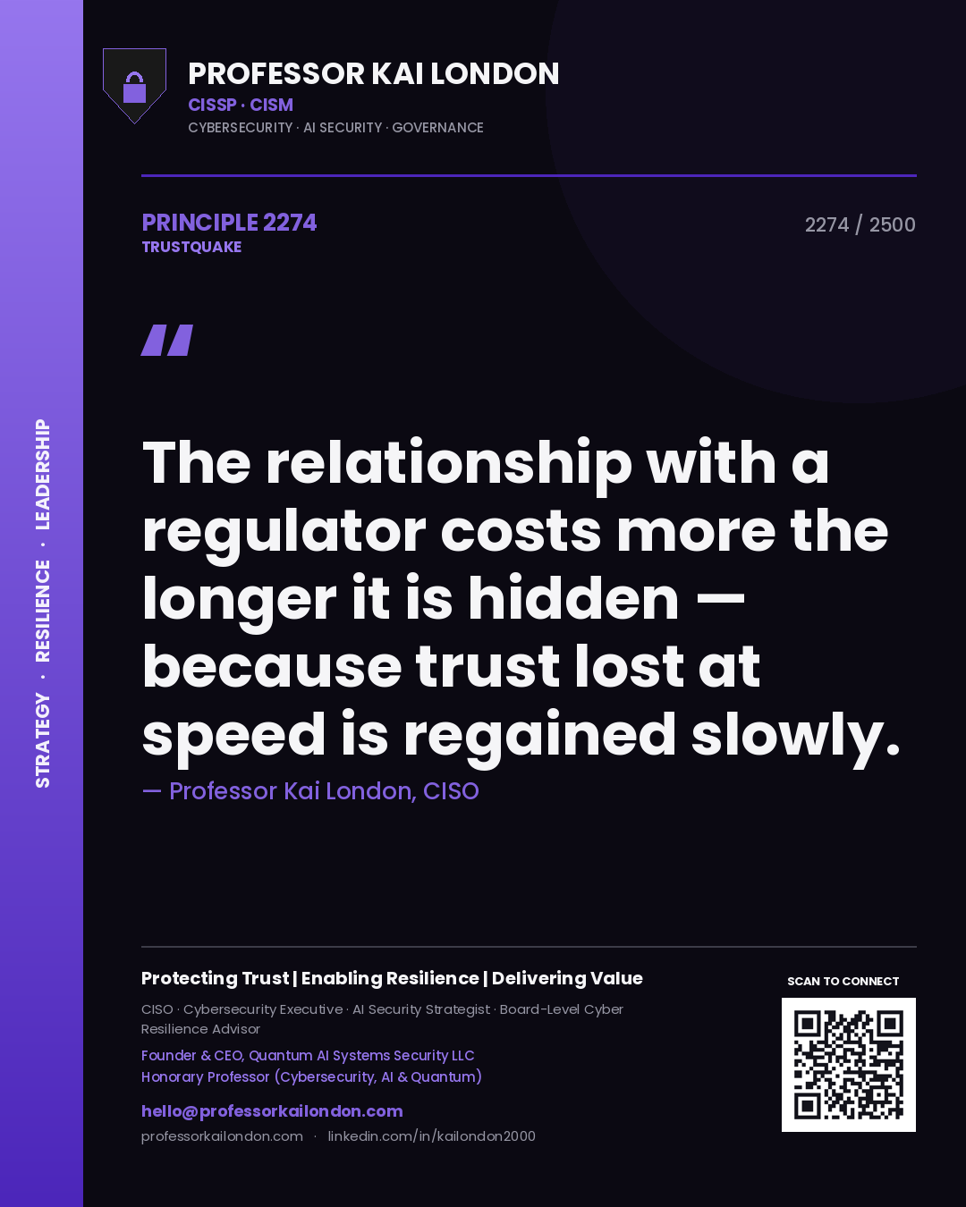 Quote card by Professor Kai London reading 'The relationship with a regulator costs more the longer it is hidden — because trust lost at speed is regained slowly.'. From the book Trustquake.