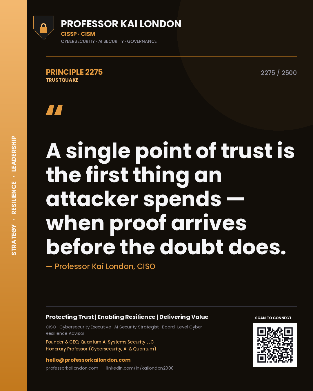 Quote card by Professor Kai London reading 'A single point of trust is the first thing an attacker spends — when proof arrives before the doubt does.'. From the book Trustquake.