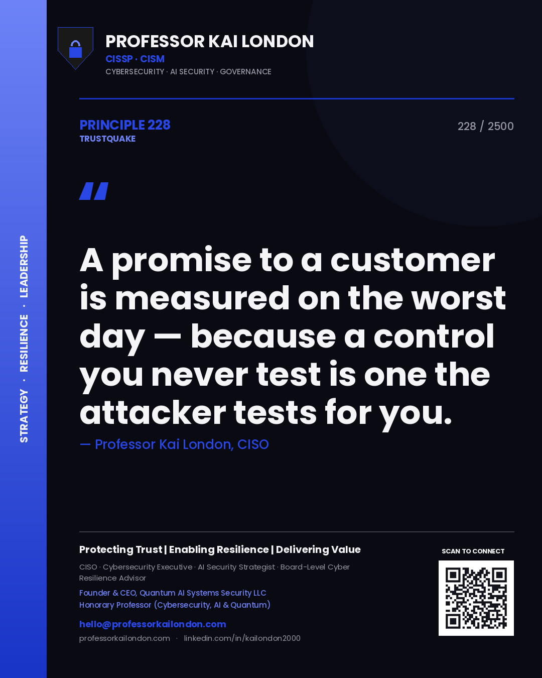Professor Kai London principle 228: A promise to a customer is measured on the worst day — because a control you never test is one the attacker tests for you.