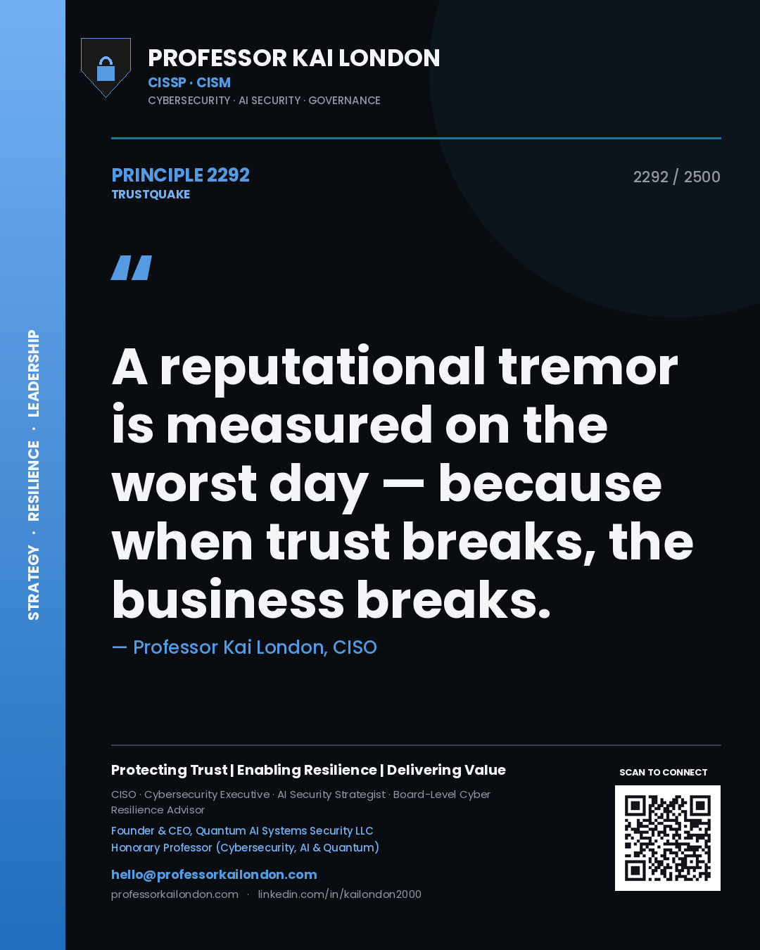 Quote card by Professor Kai London reading 'A reputational tremor is measured on the worst day — because when trust breaks, the business breaks.'. From the book Trustquake.