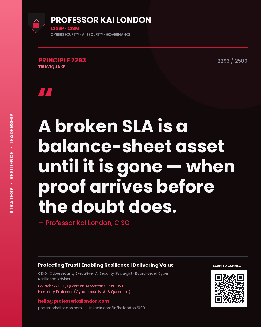 Quote card by Professor Kai London reading 'A broken SLA is a balance-sheet asset until it is gone — when proof arrives before the doubt does.'. From the book Trustquake.