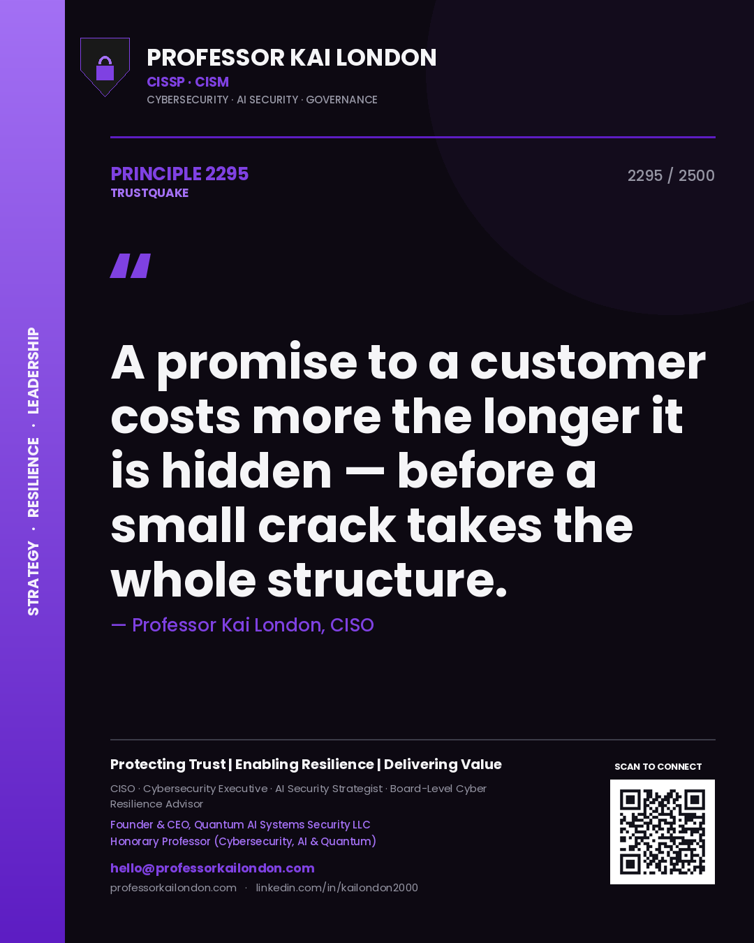 Quote card by Professor Kai London reading 'A promise to a customer costs more the longer it is hidden — before a small crack takes the whole structure.'. From the book Trustquake.