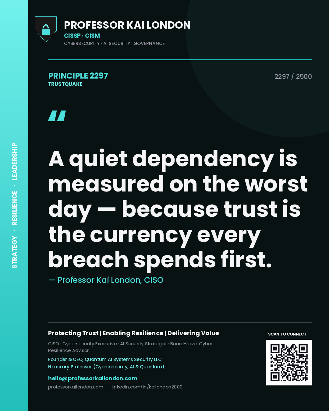 Professor Kai London principle 2297: A quiet dependency is measured on the worst day — because trust is the currency every breach spends first.