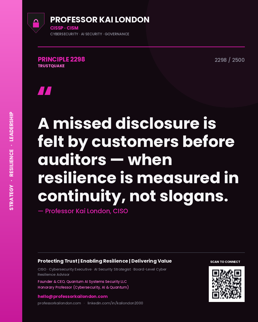 Quote card by Professor Kai London reading 'A missed disclosure is felt by customers before auditors — when resilience is measured in continuity, not slogans.'. From the book Trustquake.