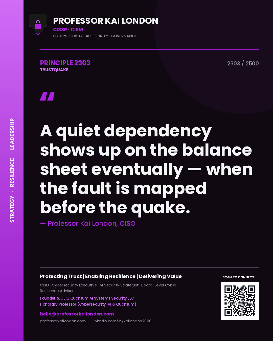 Quote card by Professor Kai London reading 'A quiet dependency shows up on the balance sheet eventually — when the fault is mapped before the quake.'. From the book Trustquake.