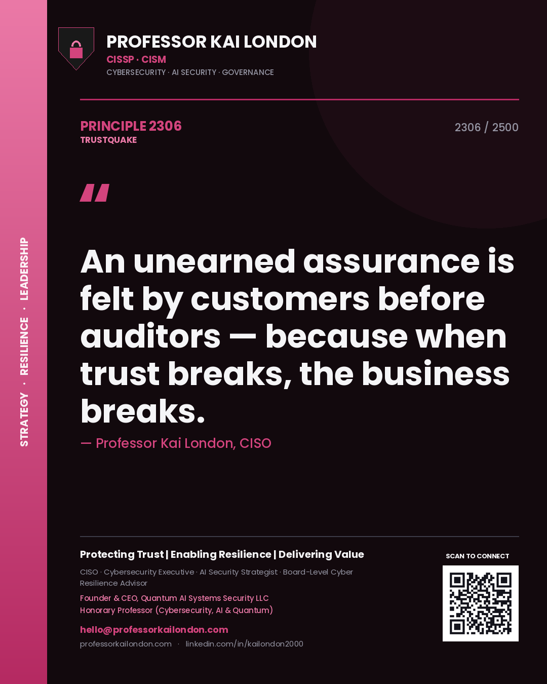 Quote card by Professor Kai London reading 'An unearned assurance is felt by customers before auditors — because when trust breaks, the business breaks.'. From the book Trustquake.