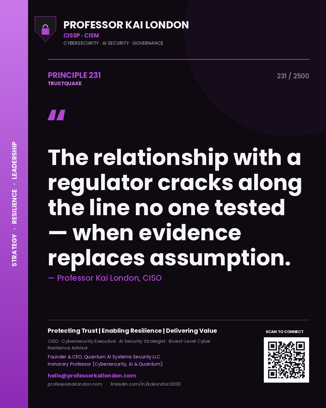 Quote card by Professor Kai London reading 'The relationship with a regulator cracks along the line no one tested — when evidence replaces assumption.'. From the book Trustquake.