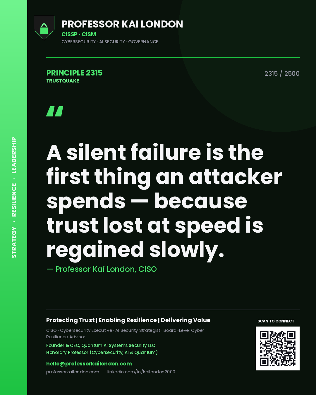 Quote card by Professor Kai London reading 'A silent failure is the first thing an attacker spends — because trust lost at speed is regained slowly.'. From the book Trustquake.