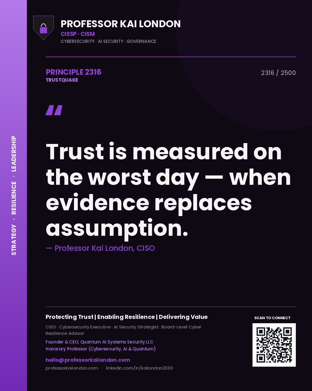 Professor Kai London principle 2316: Trust is measured on the worst day — when evidence replaces assumption.