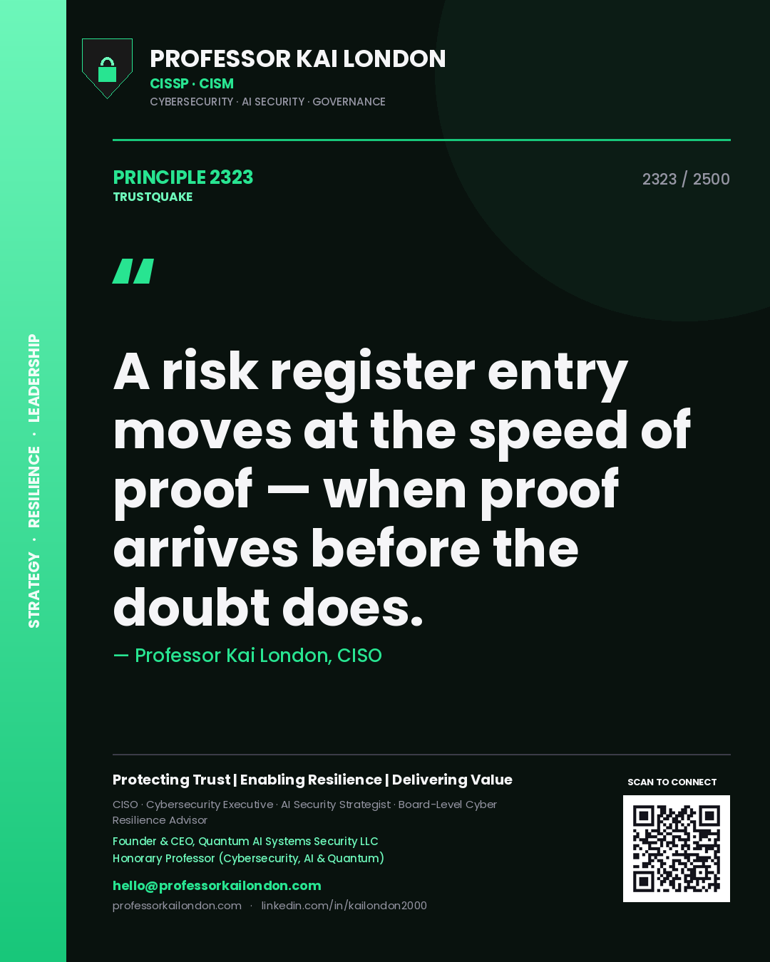 Professor Kai London principle 2323: A risk register entry moves at the speed of proof — when proof arrives before the doubt does.