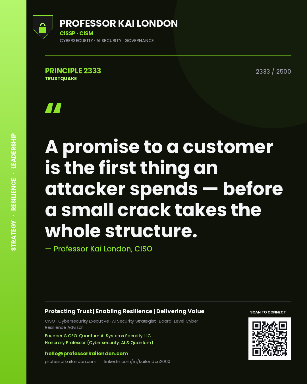 Professor Kai London principle 2333: A promise to a customer is the first thing an attacker spends — before a small crack takes the whole structure.