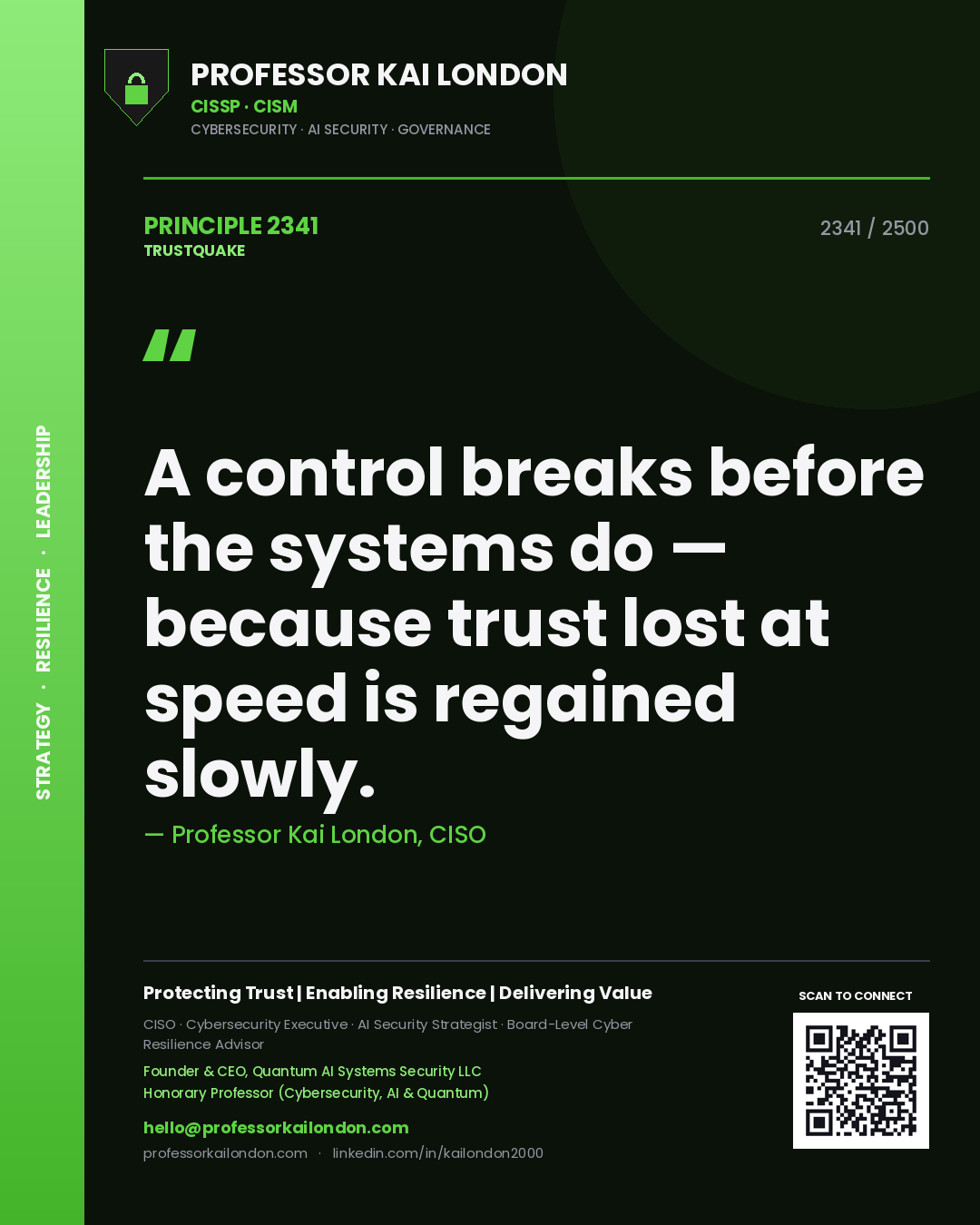 Quote card by Professor Kai London reading 'A control breaks before the systems do — because trust lost at speed is regained slowly.'. From the book Trustquake.