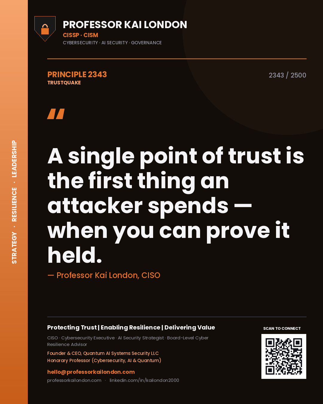 Quote card by Professor Kai London reading 'A single point of trust is the first thing an attacker spends — when you can prove it held.'. From the book Trustquake.