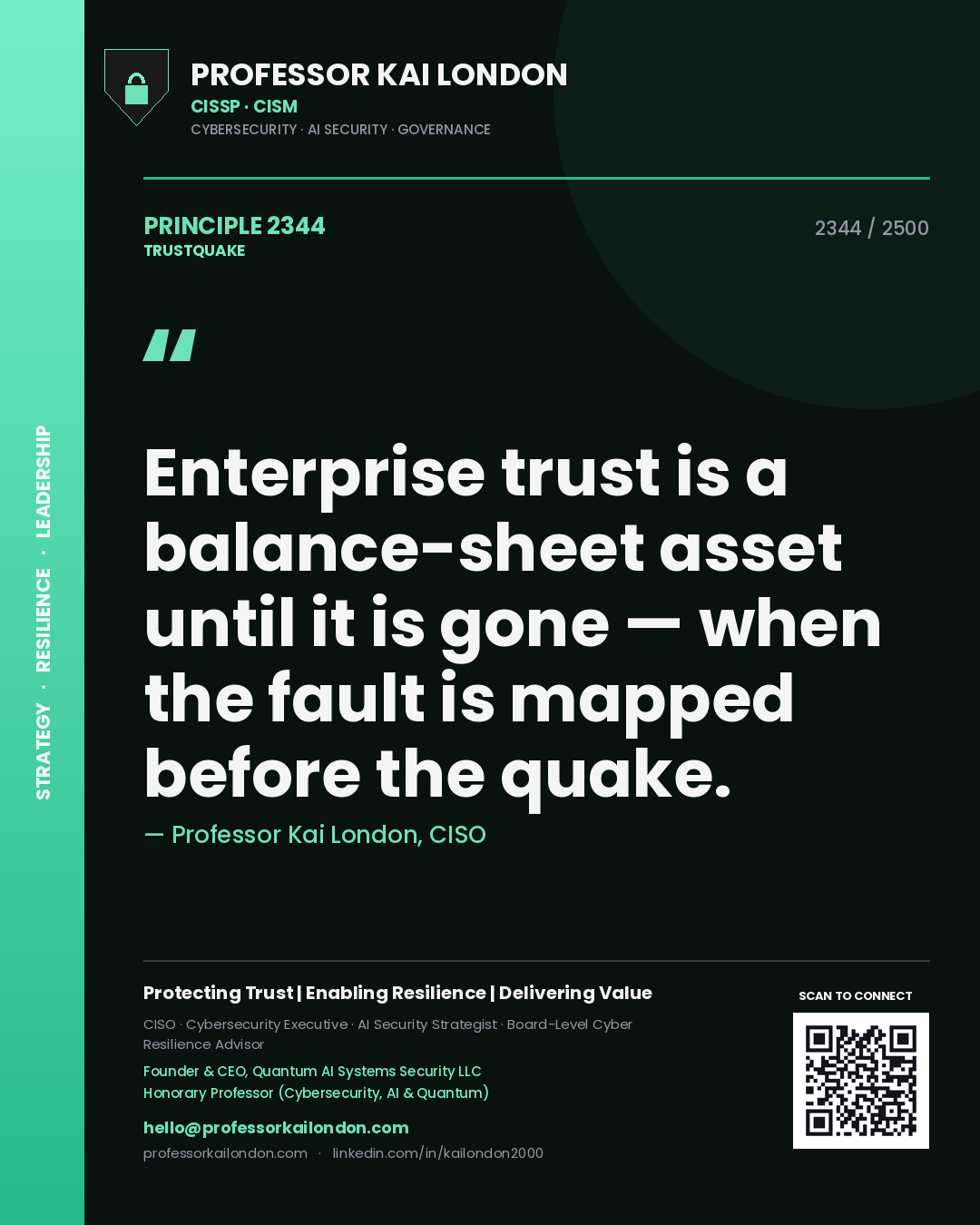 Quote card by Professor Kai London reading 'Enterprise trust is a balance-sheet asset until it is gone — when the fault is mapped before the quake.'. From the book Trustquake.