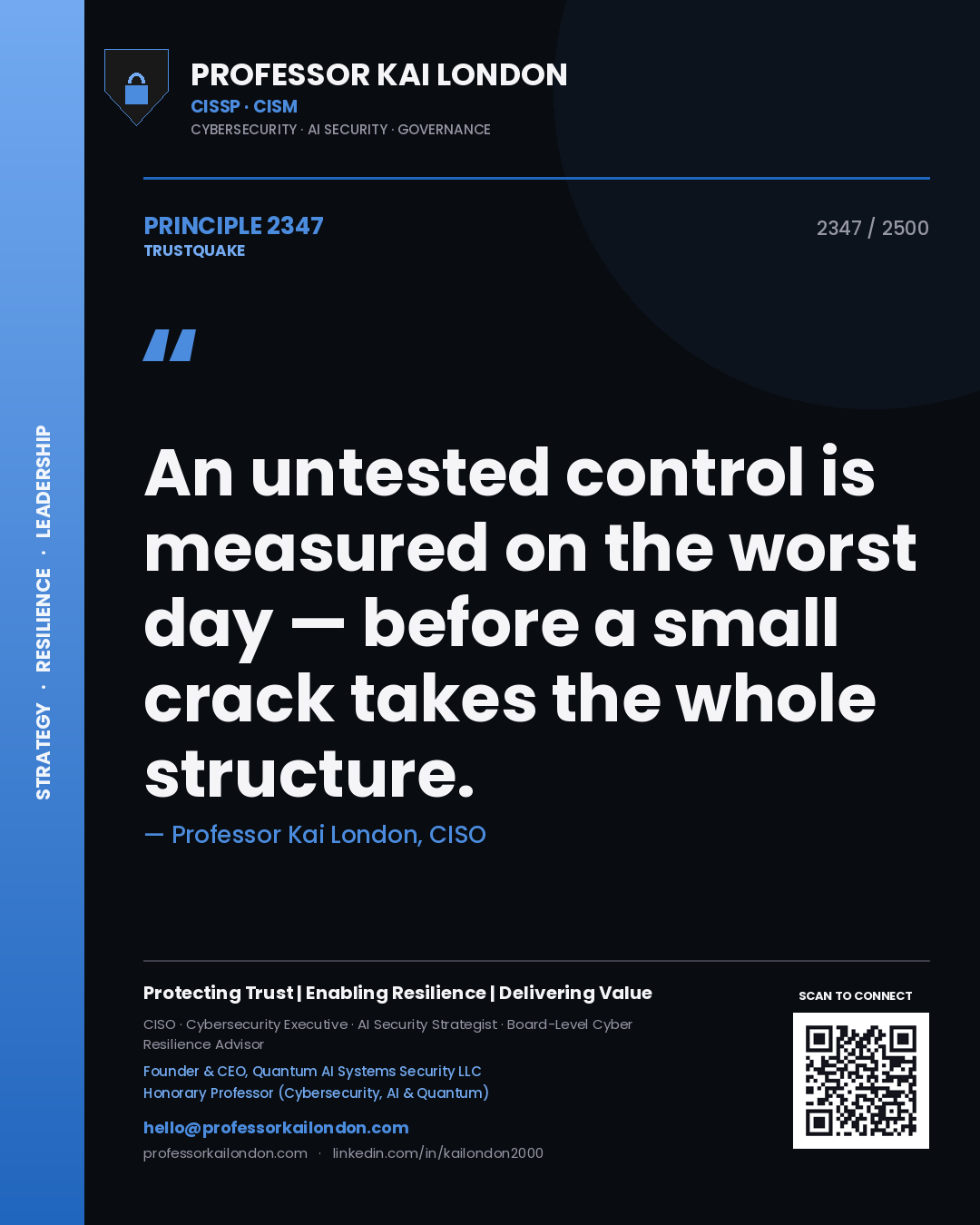 Professor Kai London principle 2347: An untested control is measured on the worst day — before a small crack takes the whole structure.