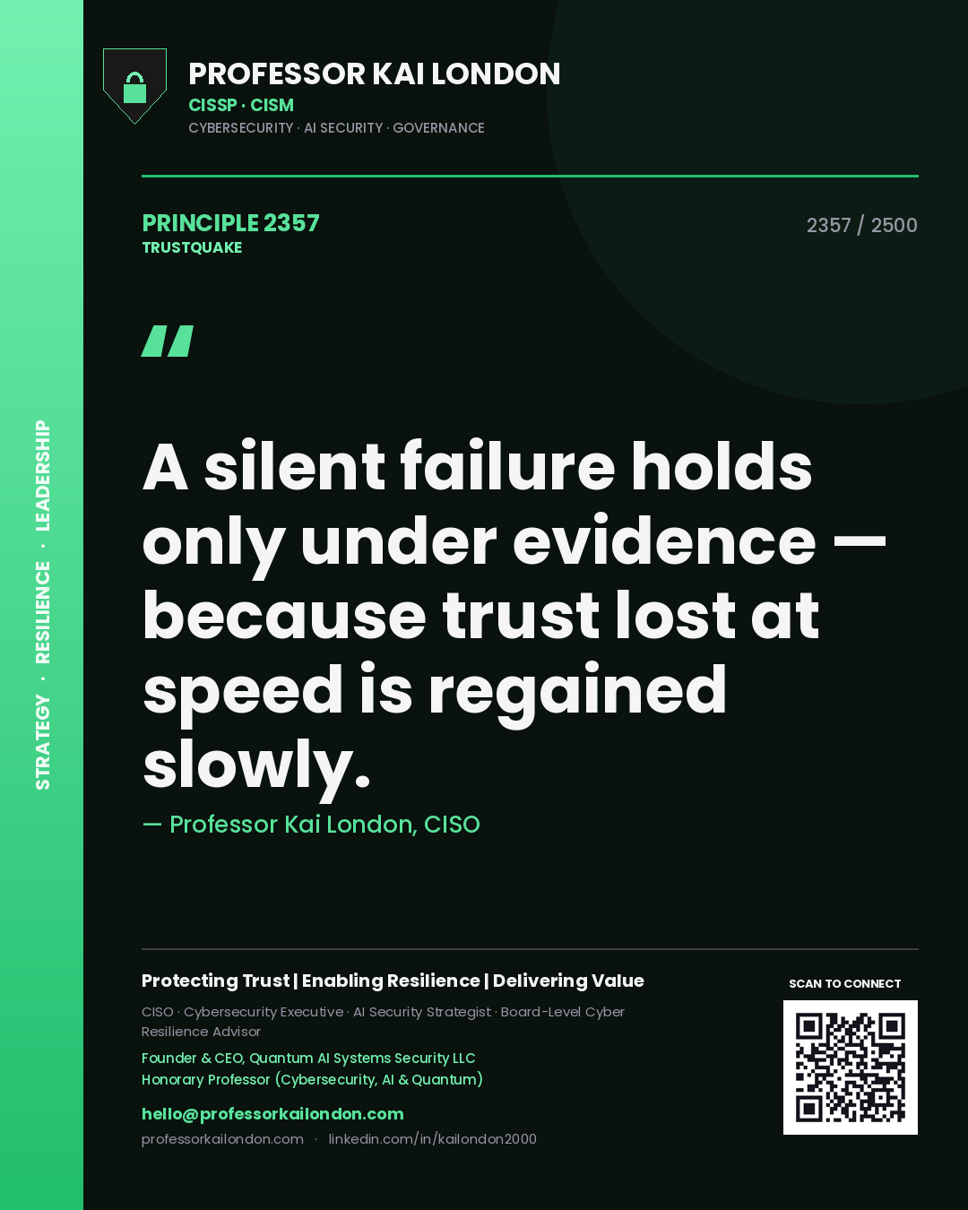Quote card by Professor Kai London reading 'A silent failure holds only under evidence — because trust lost at speed is regained slowly.'. From the book Trustquake.