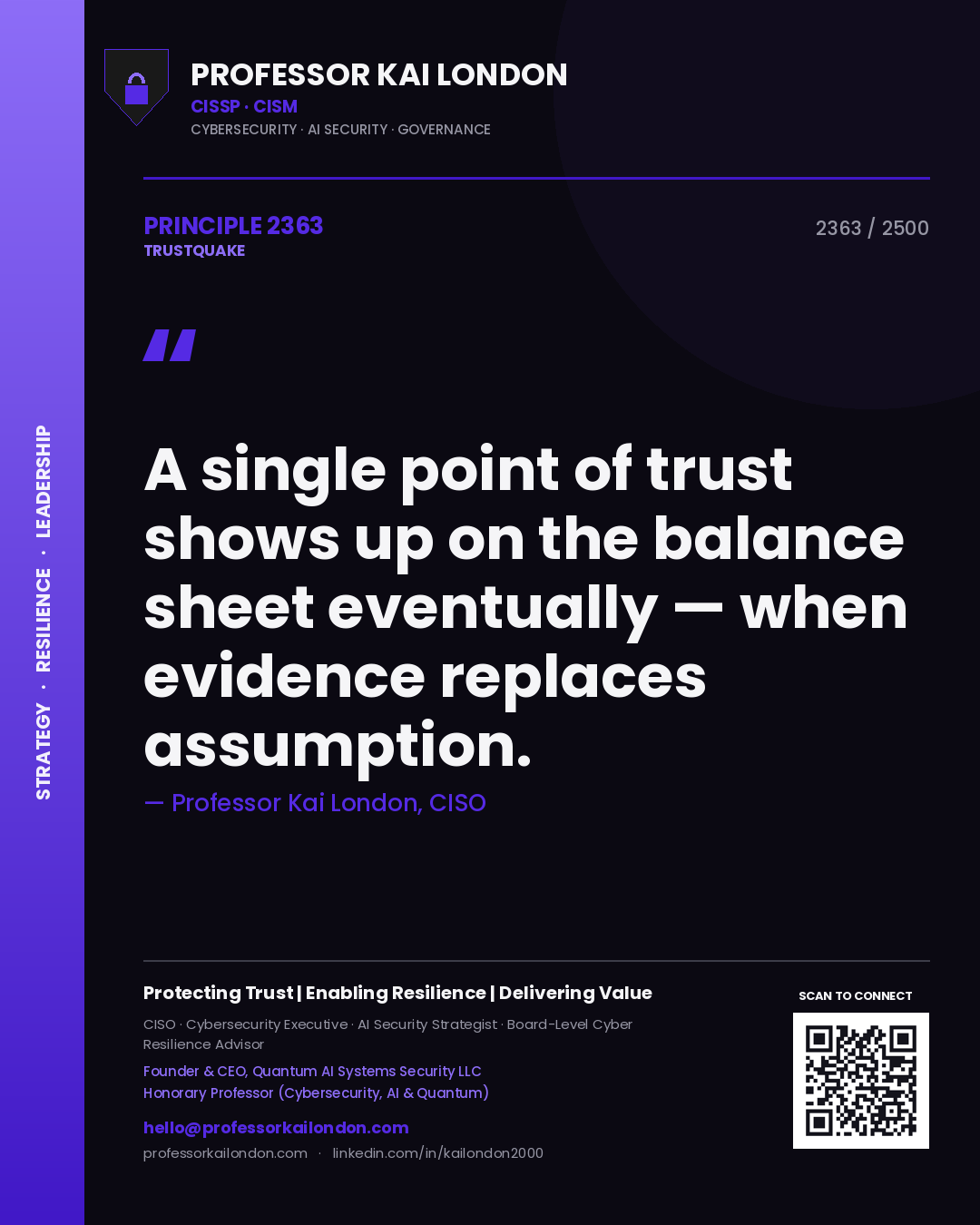Quote card by Professor Kai London reading 'A single point of trust shows up on the balance sheet eventually — when evidence replaces assumption.'. From the book Trustquake.