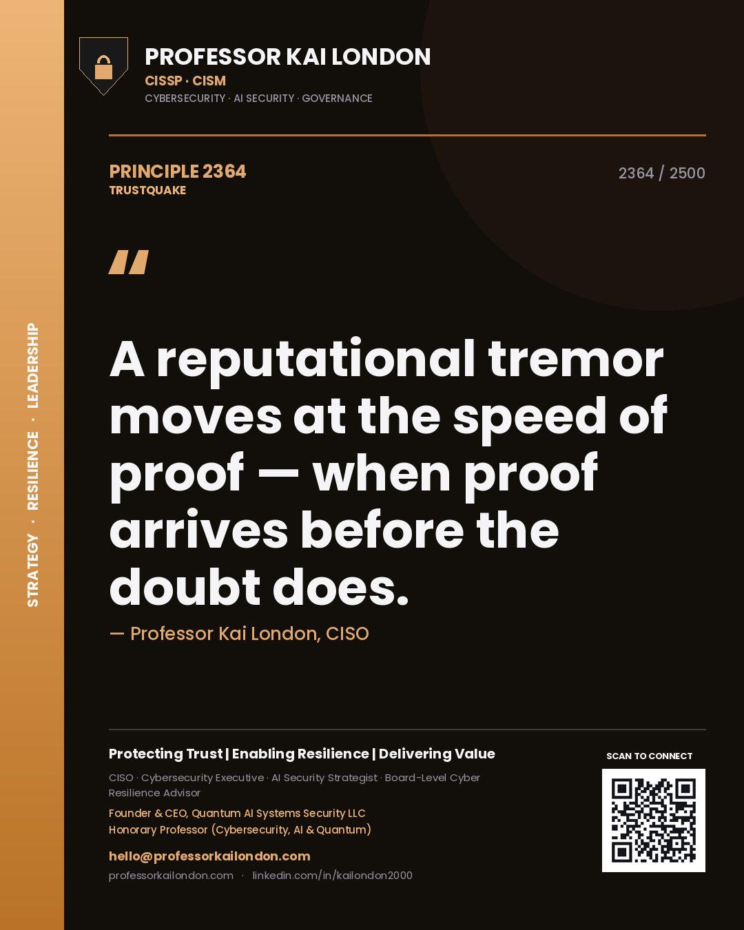 Quote card by Professor Kai London reading 'A reputational tremor moves at the speed of proof — when proof arrives before the doubt does.'. From the book Trustquake.