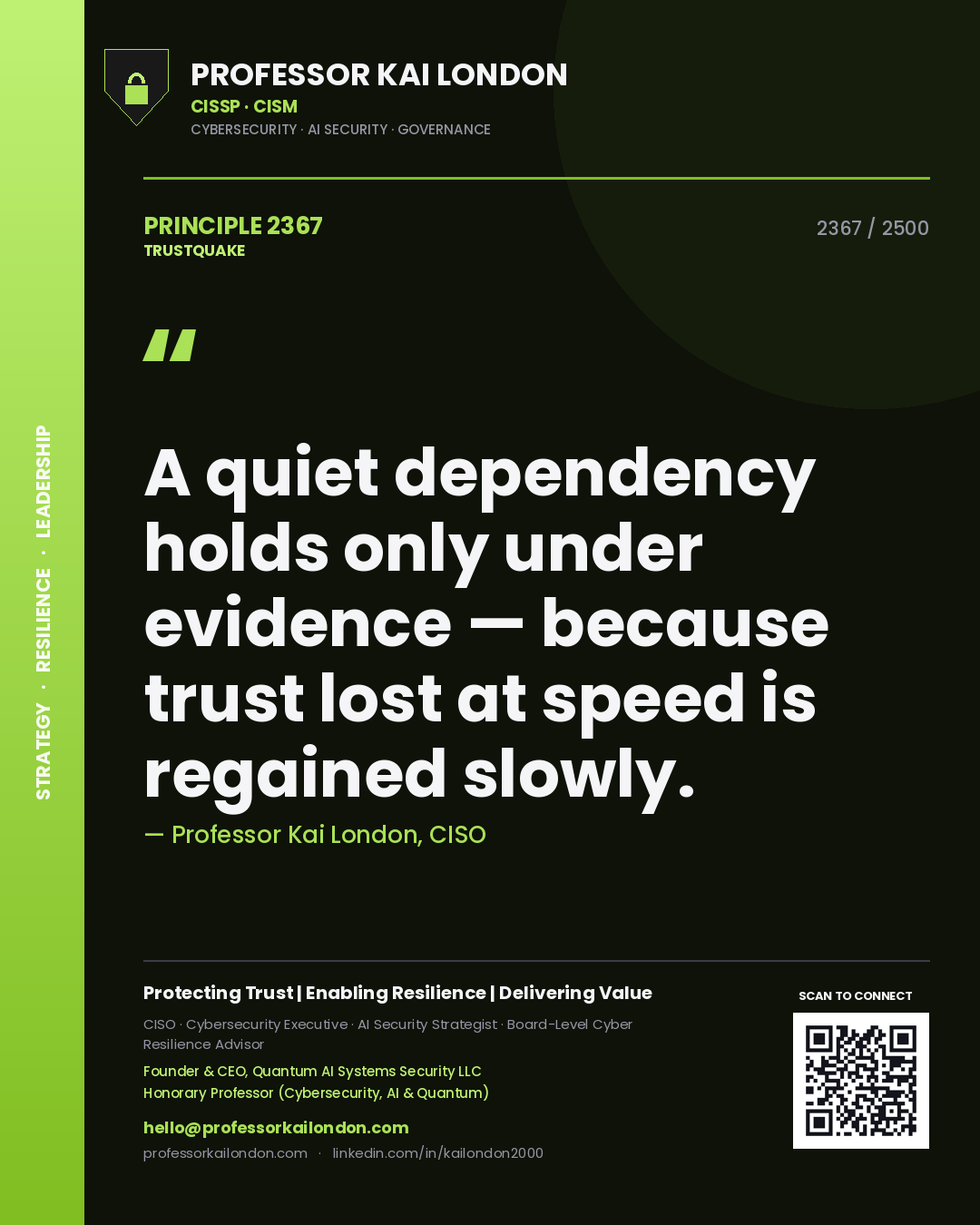 Quote card by Professor Kai London reading 'A quiet dependency holds only under evidence — because trust lost at speed is regained slowly.'. From the book Trustquake.