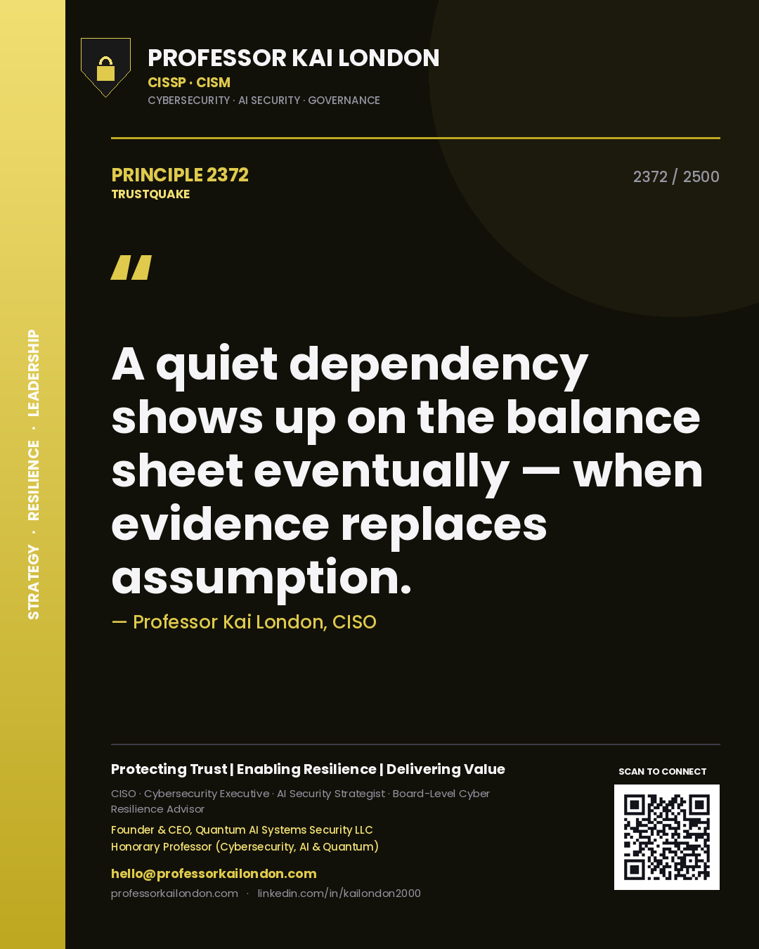 Quote card by Professor Kai London reading 'A quiet dependency shows up on the balance sheet eventually — when evidence replaces assumption.'. From the book Trustquake.