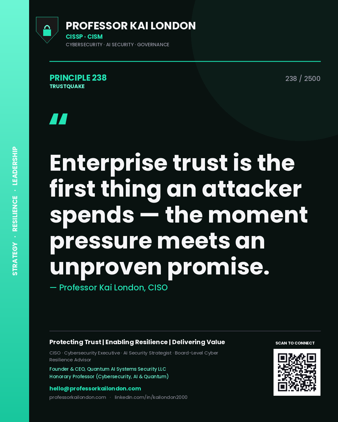 Quote card by Professor Kai London reading 'Enterprise trust is the first thing an attacker spends — the moment pressure meets an unproven promise.'. From the book Trustquake.