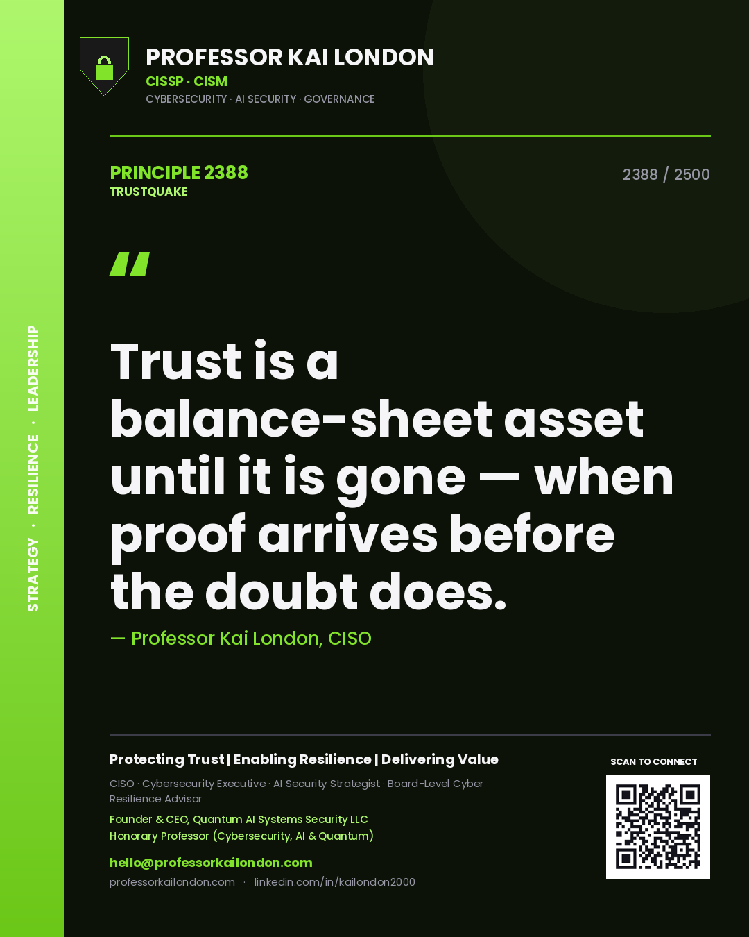 Quote card by Professor Kai London reading 'Trust is a balance-sheet asset until it is gone — when proof arrives before the doubt does.'. From the book Trustquake.