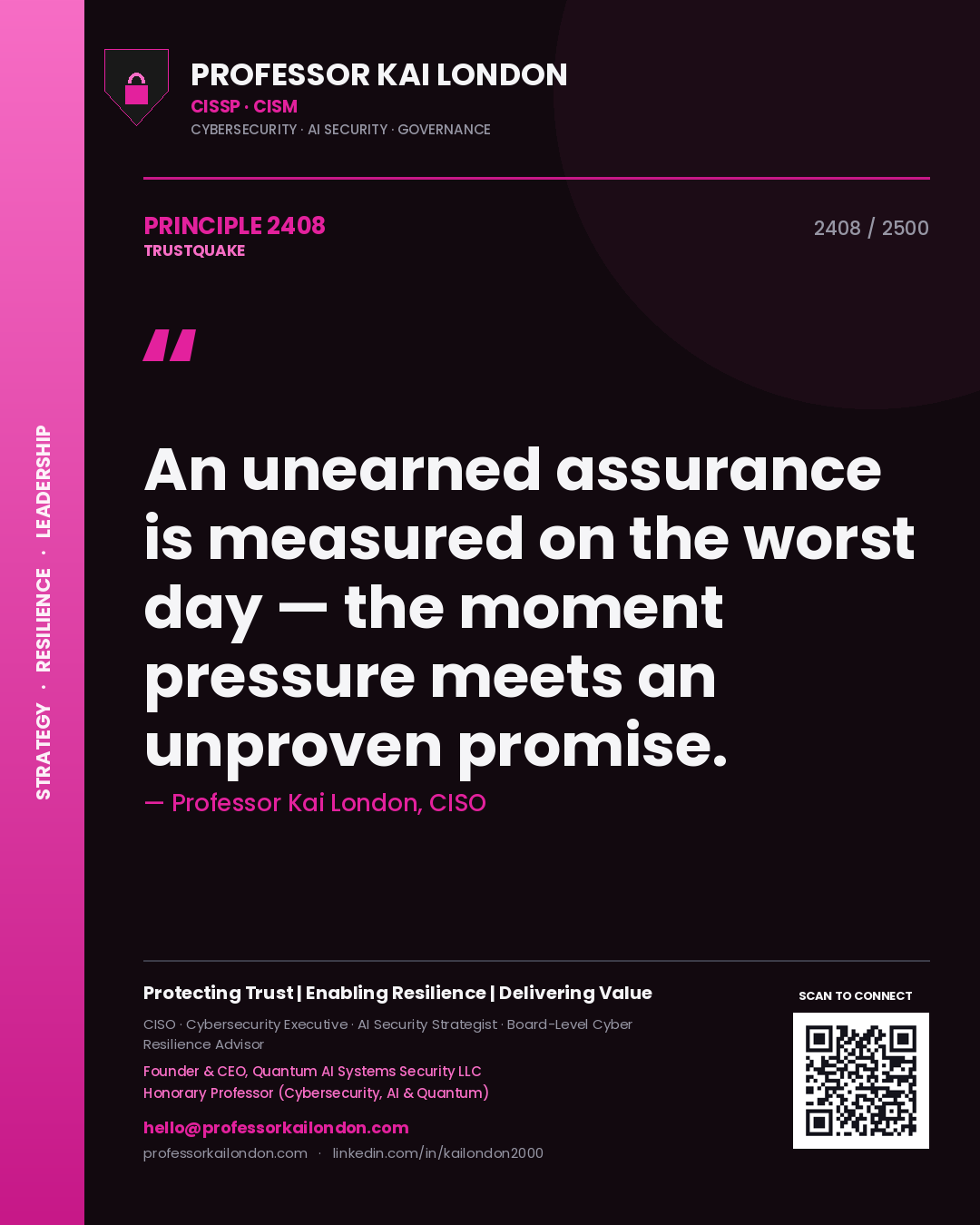 Quote card by Professor Kai London reading 'An unearned assurance is measured on the worst day — the moment pressure meets an unproven promise.'. From the book Trustquake.