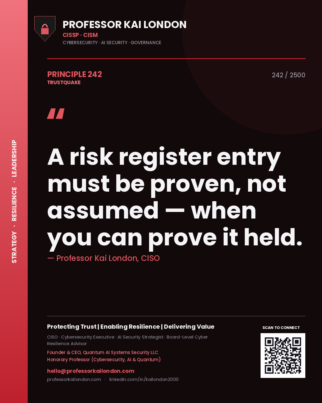 Professor Kai London principle 242: A risk register entry must be proven, not assumed — when you can prove it held.
