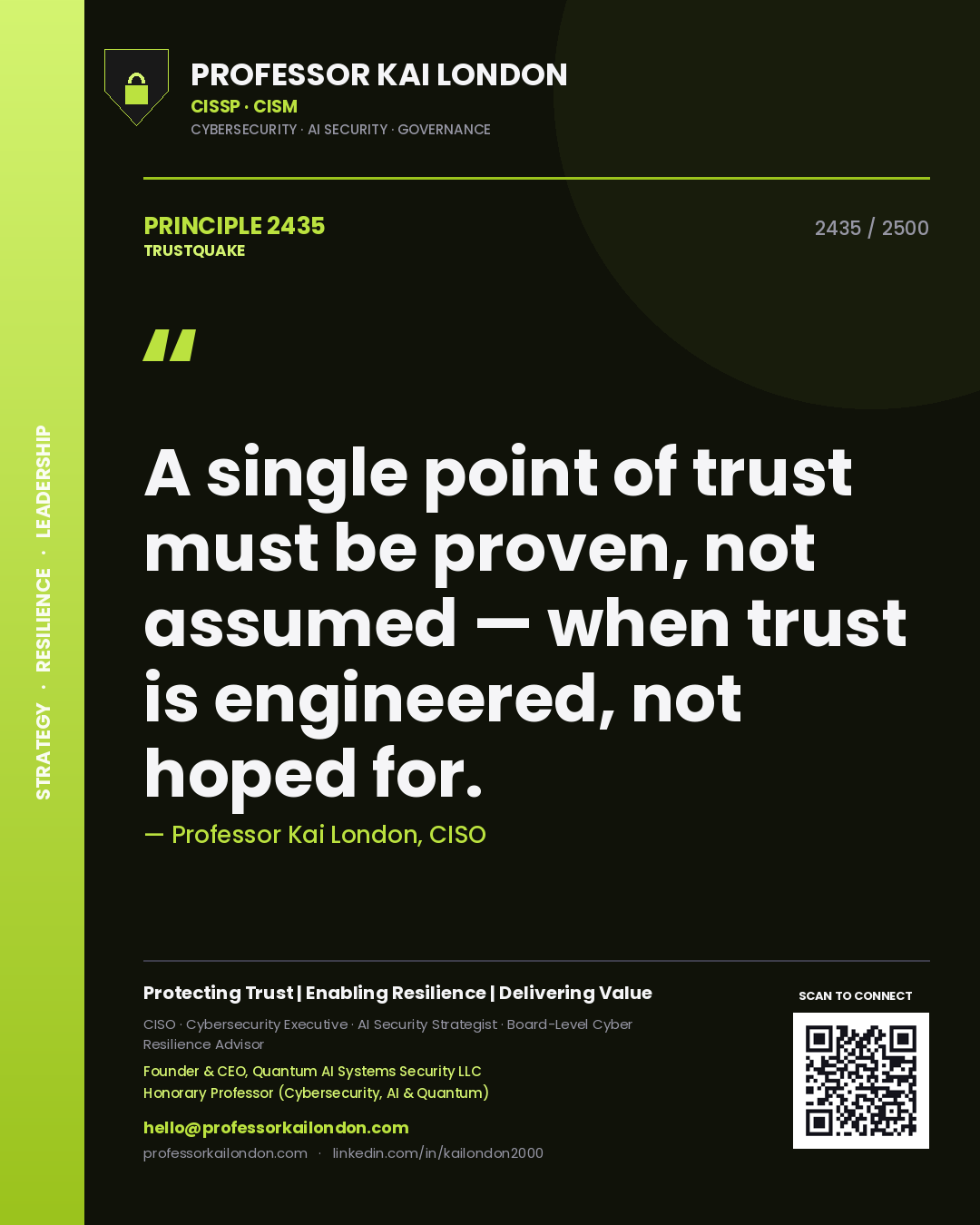 Quote card by Professor Kai London reading 'A single point of trust must be proven, not assumed — when trust is engineered, not hoped for.'. From the book Trustquake.