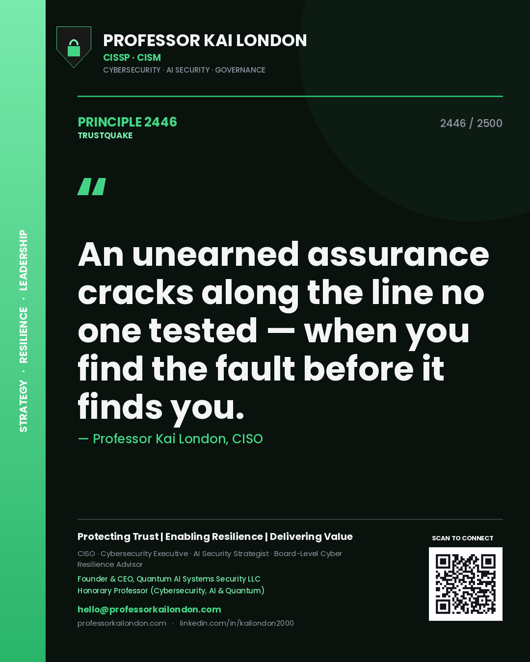 Quote card by Professor Kai London reading 'An unearned assurance cracks along the line no one tested — when you find the fault before it finds you.'. From the book Trustquake.