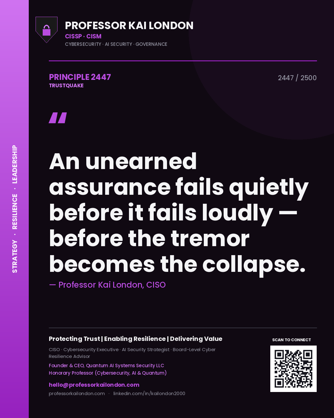 Quote card by Professor Kai London reading 'An unearned assurance fails quietly before it fails loudly — before the tremor becomes the collapse.'. From the book Trustquake.