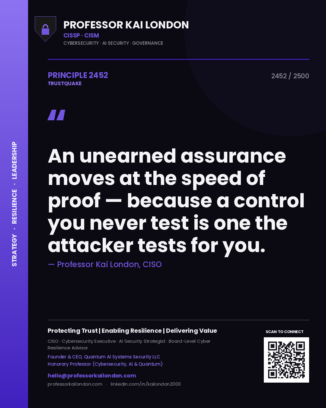 Quote card by Professor Kai London reading 'An unearned assurance moves at the speed of proof — because a control you never test is one the attacker tests for you.'. From the book Trustquake.