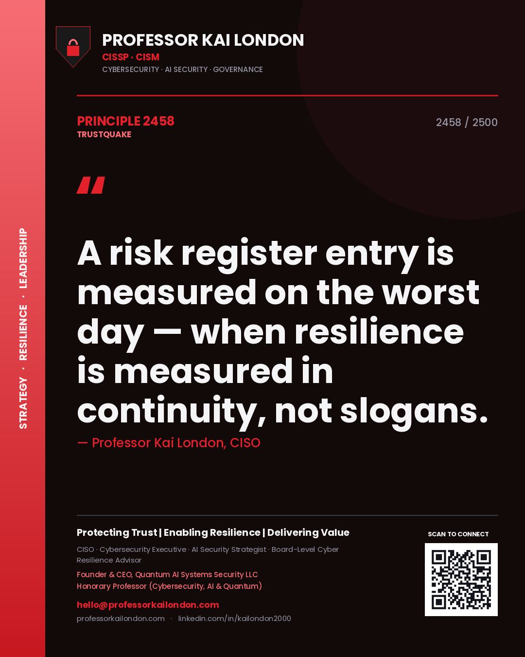Quote card by Professor Kai London reading 'A risk register entry is measured on the worst day — when resilience is measured in continuity, not slogans.'. From the book Trustquake.